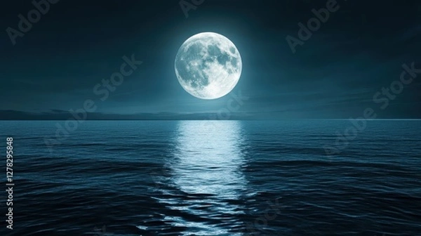 Fototapeta A stunning full moon illuminates the calm sea, casting shimmering reflections across the water's surface under a tranquil night sky.