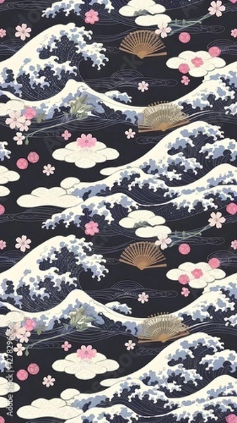Fototapeta Serene Japanese floral and wave motif pattern with sakura flowers, plum blooms, fans, and clouds in a seamless traditional design for textiles, packaging, and wallpapers.