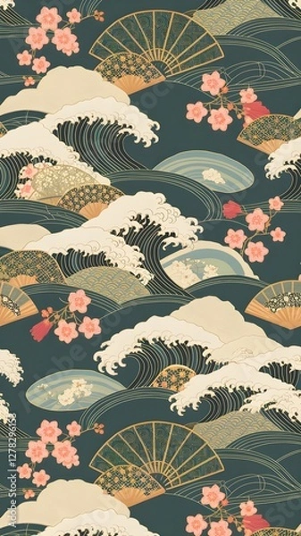 Fototapeta Serene Japanese floral and wave motif pattern with sakura flowers, plum blooms, fans, and clouds in a seamless traditional design for textiles, packaging, and wallpapers.