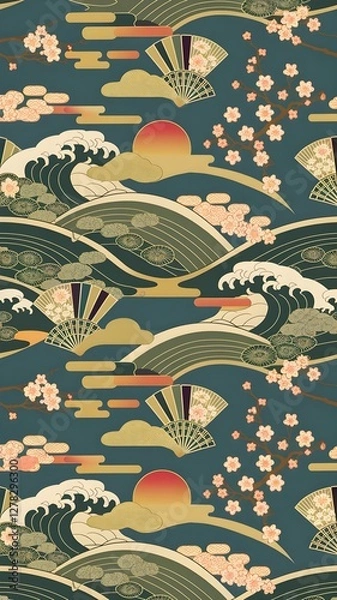 Fototapeta Serene Japanese floral and wave motif pattern with sakura flowers, plum blooms, fans, and clouds in a seamless traditional design for textiles, packaging, and wallpapers.
