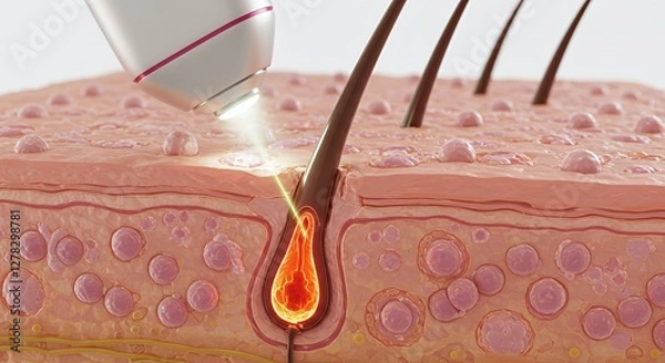 Fototapeta Microscopic View of Laser Hair Removal Procedure: Cross Section of Skin with Targeted Hair Follicle, Laser Beam, Heat and Destruction, Clean and Clinical Illustration