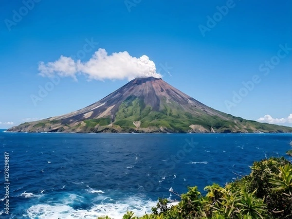 Obraz Volcanic Island with Erupting Volcano and Blue Ocean