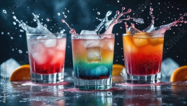 Fototapeta Colorful Cocktails Splashing with Ice Cubes on a Dark Background for Vibrant Drink Promotions and Party Themes