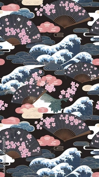 Fototapeta Charming Japanese motif with seamless clouds, waves, plum blossoms, sakura flowers, traditional fans, and a serene landscape featuring mountains, a bridge, and a temple.