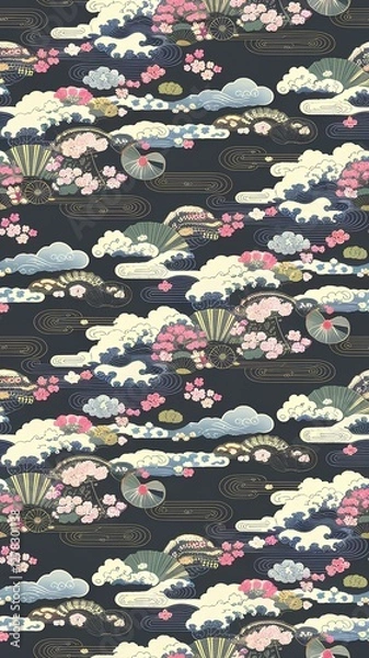 Fototapeta Charming Japanese motif with seamless clouds, waves, plum blossoms, sakura flowers, traditional fans, and a serene landscape featuring mountains, a bridge, and a temple.