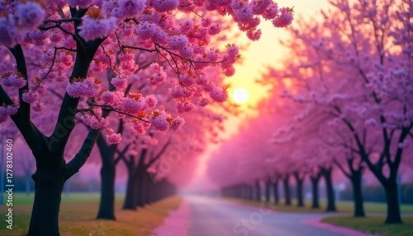 Fototapeta Dreamy avenue of flowering trees, pink petals, and soft sunlight in this magical, tranquil, scenic, and captivating springtime scenery.