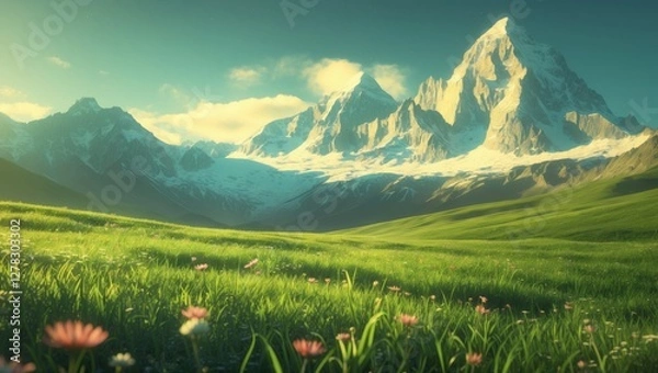 Fototapeta Serene Green Meadow with Vibrant Flowers and Majestic Snow-Capped Peaks Under a Clear Sky in a Peaceful Natural Landscape