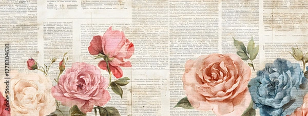 Obraz Vintage floral newspaper texture background, with peonies and roses
