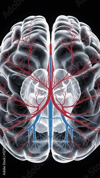 Fototapeta Cerebral angiogram (DSA) scan showing brain blood vessels with contrast dye, highlighting arteries in red, veins in blue, and capillaries in purple against a dark background.