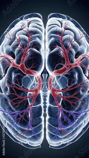 Fototapeta Cerebral angiogram (DSA) scan showing brain blood vessels with contrast dye, highlighting arteries in red, veins in blue, and capillaries in purple against a dark background.