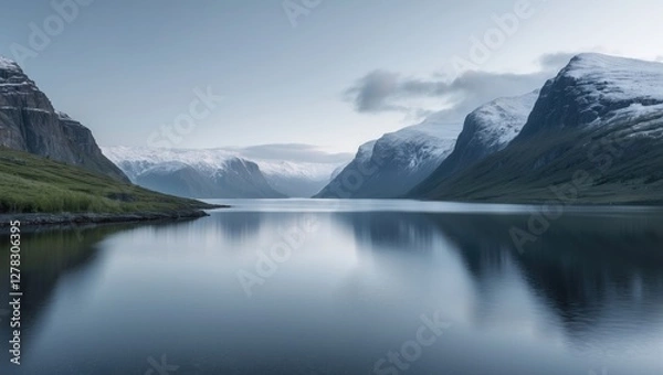 Fototapeta Serene Hardanger Fjord Landscape with Snow-Capped Mountains and Reflective Water Under Soft Morning Light