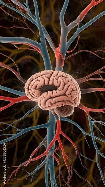Fototapeta Cerebral angiogram (DSA) scan showing brain blood vessels with contrast dye, highlighting arteries in red, veins in blue, and capillaries in purple against a dark background.