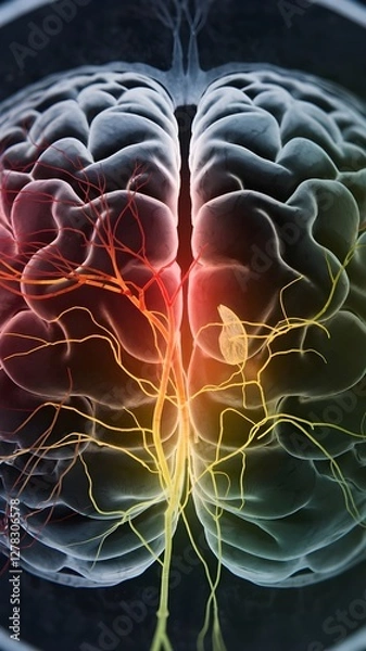 Fototapeta Cerebral angiogram (DSA) scan showing brain blood vessels with contrast dye, highlighting arteries in red, veins in blue, and capillaries in purple against a dark background.