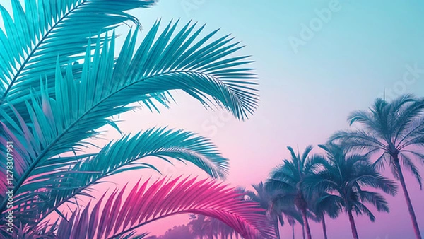 Fototapeta Tropical Summer Paradise Background with Vibrant Pink and Blue Palm Leaves, Serene Ocean Sunset, Dreamy Sky Gradient, Exotic Vacation Vibes, and a Relaxing Beach Atmosphere for Travel, Holidays