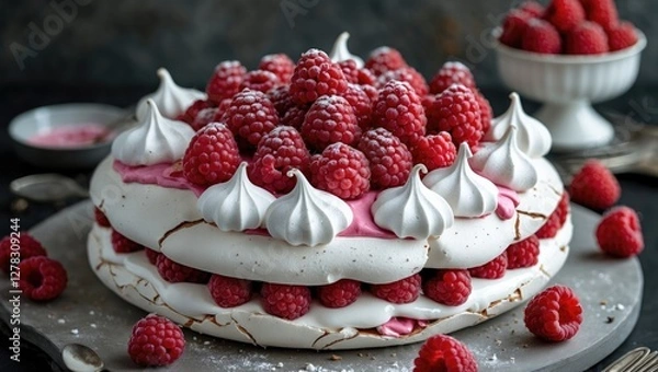 Fototapeta Delicious Homemade Pavlova with Raspberries and Meringue on a Rustic Platter Perfect for Dessert Lovers and Culinary Displays
