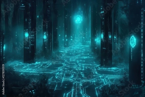 Fototapeta abstract technological landscape with glowing circuit pathways, deep blue and cyan, matrix-like grid