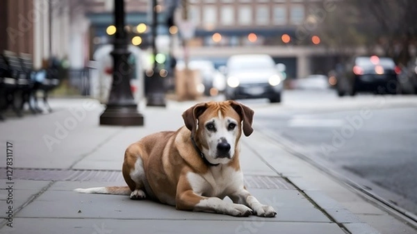 Fototapeta A sad, lonely dog sitting on the street with a dirty coat as a kind volunteer in casual clothing approaches gently with a bowl of water, showing care and compassion in soft lighting.