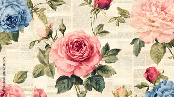 Obraz Vintage floral newspaper texture background, with peonies and roses
