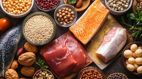Obraz A variety of foods including meat, fish, and vegetables are displayed on a table