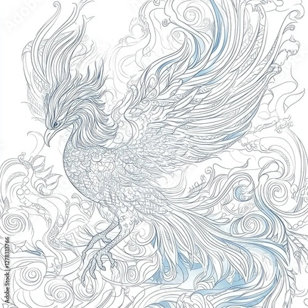 Fototapeta Intricate Line Art of a Mythical Phoenix Bird in Flight Amidst Swirling Clouds