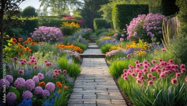 Obraz Vibrant Flower Garden Pathway Surrounded by Blooming Plants in a Serene Landscape