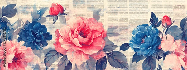 Obraz Vintage floral newspaper texture background, with peonies and roses
