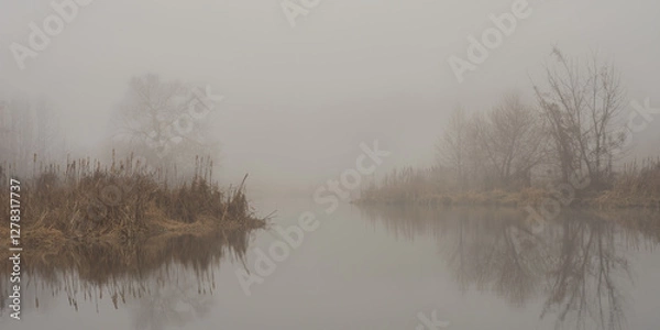 Obraz serene misty natural landscape. river or pond banks with dry reeds and bare trees. calm water with reflection and fog in wet weather. beautiful side panoramic view in 10x5 format