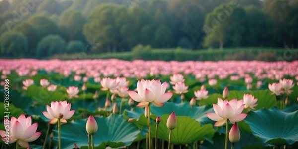 Fototapeta Lotus Blossom Fields with Scenic Greenery and Space for Text Overlay