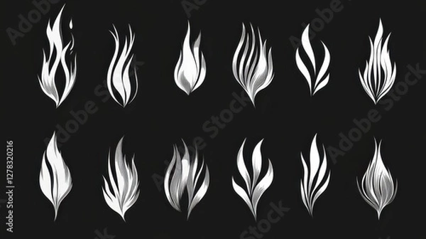Fototapeta A striking collection of elegant flame designs, showcasing various shapes and sizes in white against a dramatic black background.