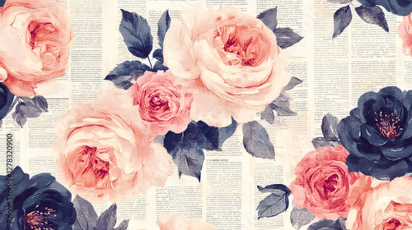 Obraz Vintage floral newspaper texture background, with peonies and roses
