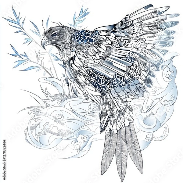 Fototapeta Intricate Zentangle Falcon in Flight Amidst Floral and Cloud Designs