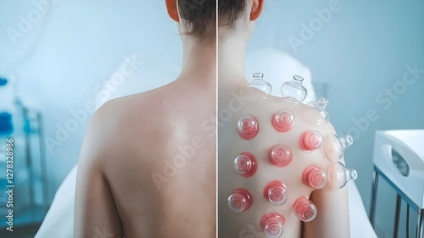 Fototapeta Before and after wet cupping therapy on a person’s back, showing smooth skin on one side and fresh, symmetrical red marks on the other in a serene wellness setting.