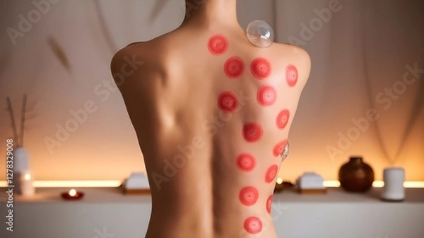Fototapeta Before and after wet cupping therapy on a person’s back, showing smooth skin on one side and fresh, symmetrical red marks on the other in a serene wellness setting.