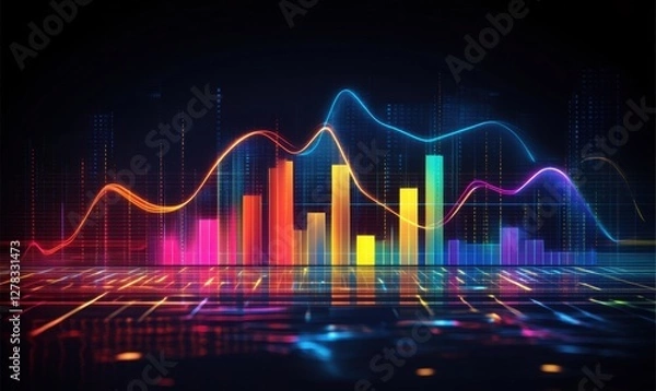 Fototapeta Glowing digital graph with colorful bars on dark background for financial reports
