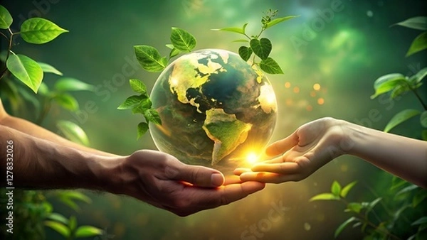 Fototapeta Hands Passing Glowing Earth with Sprouting Leaves, Symbolizing Global Unity and Environmental Stewardship