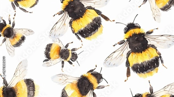 Obraz Watercolor Bumble Bee Pattern Flat Vector Illustration