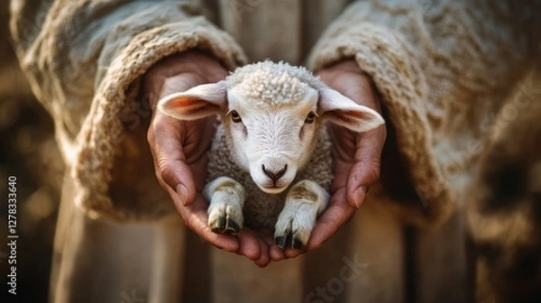 Fototapeta The hands of Jesus holding a lamb. Christian photo