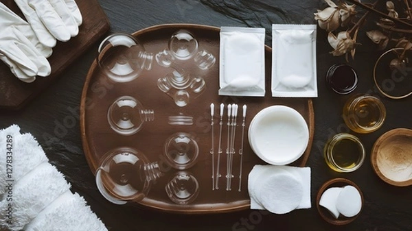 Fototapeta Wet cupping therapy setup with glass and plastic suction cups, lancets, antiseptic wipes, herbal oils, gloves, and towels arranged on a dark slate background with warm lighting.