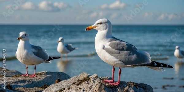 Fototapeta Seagulls on rocky shore with coastal backdrop and clear sky providing space for text or branding elements.