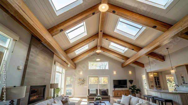 Obraz Bright and airy living space with vaulted ceiling, showcasing natural wood beams and large skylights.
