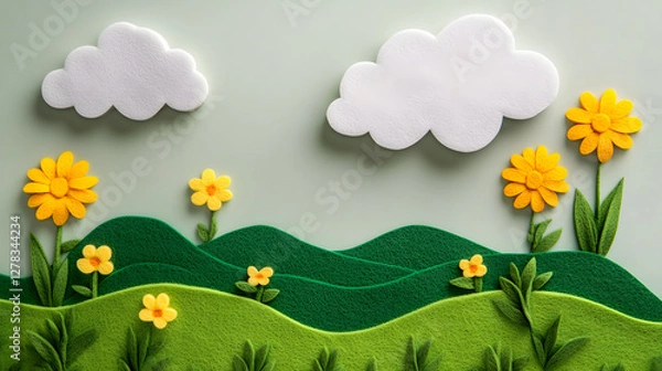 Fototapeta A cute wool felt scene with simple green hills, white clouds, and yellow flowers
