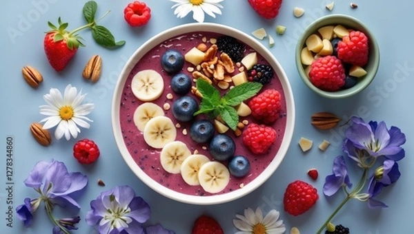 Fototapeta Colorful Smoothie Bowl Topped with Fresh Fruits and Nuts Surrounded by Flowers Healthy Dessert or Breakfast Flat Lay Over Blue Background