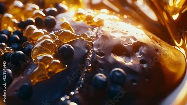 Fototapeta Close-up Honey Drizzled Blueberries on Dark Surface - A Sweet Visual Feast
