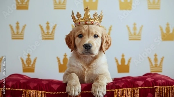 Fototapeta Majestic Golden Retriever Puppy in a Royal Cape and Crown