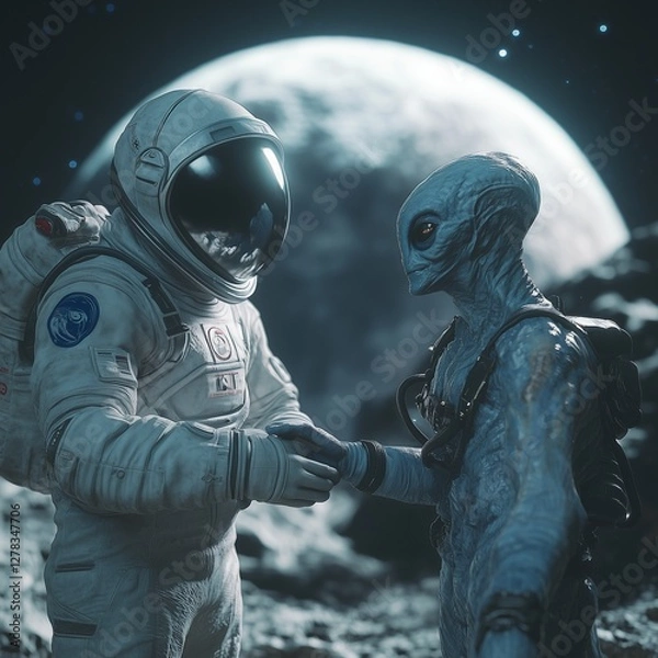 Fototapeta Astronaut and Alien Shaking Hands on Planet with Full Moon in Space