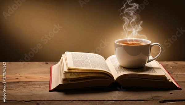 Fototapeta Cozy reading nook with steaming cup of tea on wooden table, relaxation