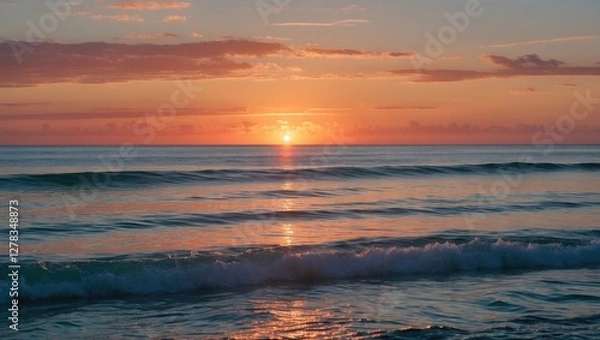 Obraz Vibrant Sunset Over Calm Ocean Waves with Clear Sky and Space for Text Overlay