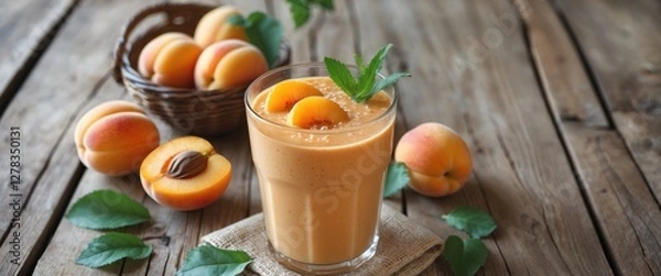 Fototapeta Refreshing Apricot Smoothie Served in a Glass with Fresh Apricots on a Wooden Background Perfect for Summer Nutrition and Healthy Lifestyle