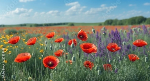 Fototapeta Vibrant Summer Meadow Featuring Red Poppies Amidst Colorful Wildflowers Under Blue Sky With Ample Copy Space For Textual Content