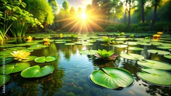 Fototapeta Serene Green Lily Pads Floating on Calm Pond Water - Nature Stock Photo